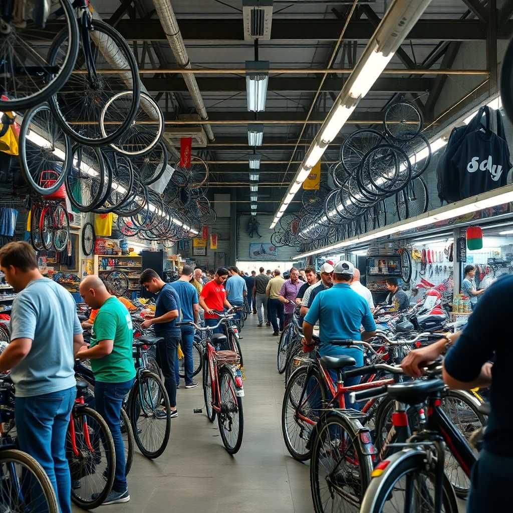 A bustling bike repair shop with dozens of customers seeking assistance.