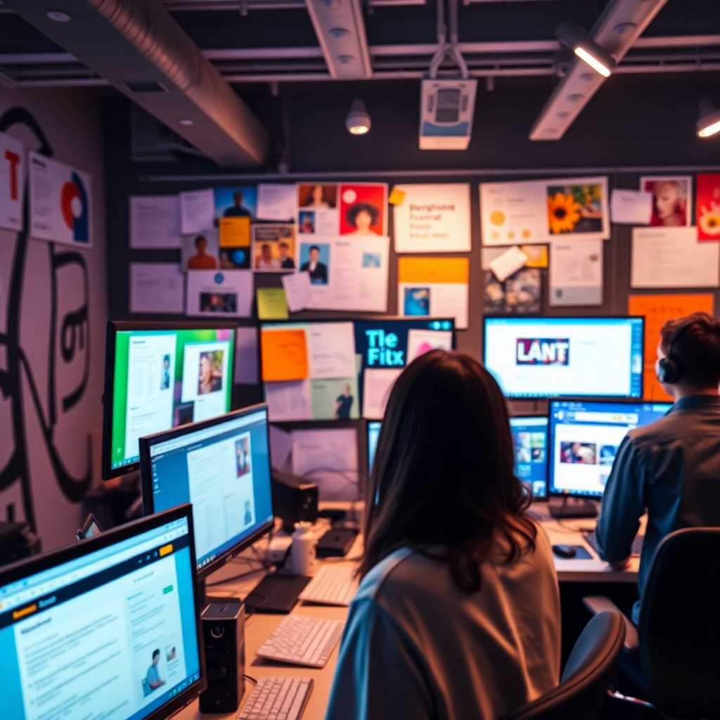 A busy design studio with screens full of creative work blending with an interface loaded with messages.