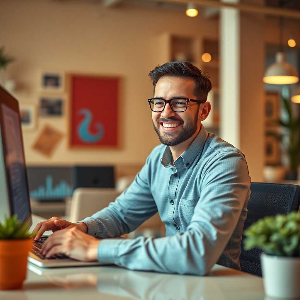 Business owner smiling while using TextSupport dashboard