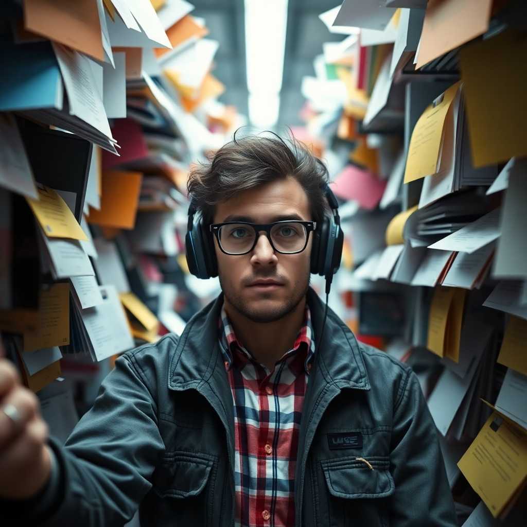 Overwhelmed producer surrounded by messages