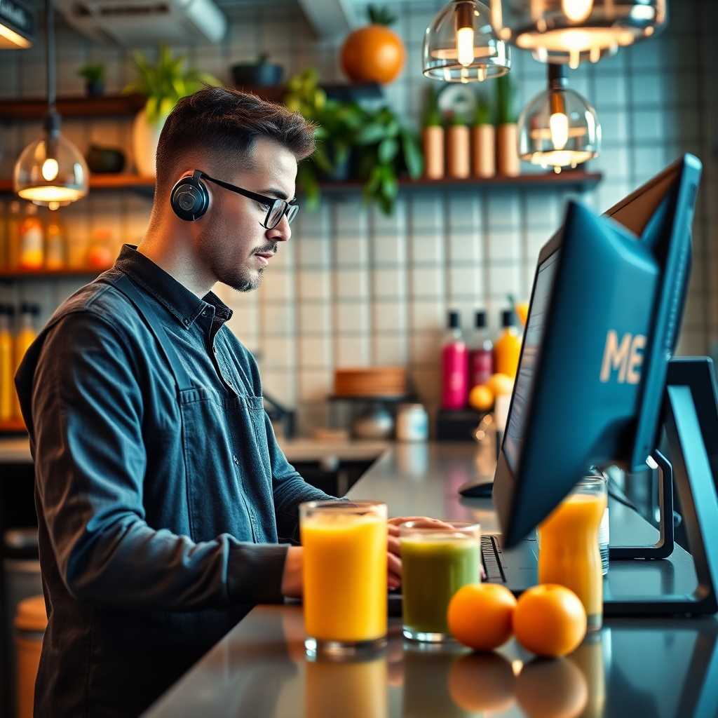A tech-savvy smoothie bar owner reviewing the desktop portal