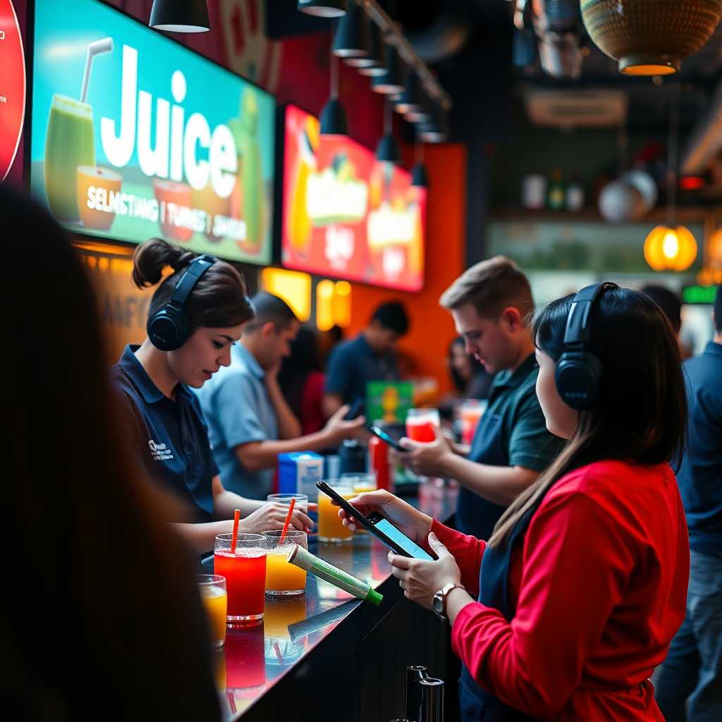 Juice bar staff responding to SMS inquiries in a busy environment