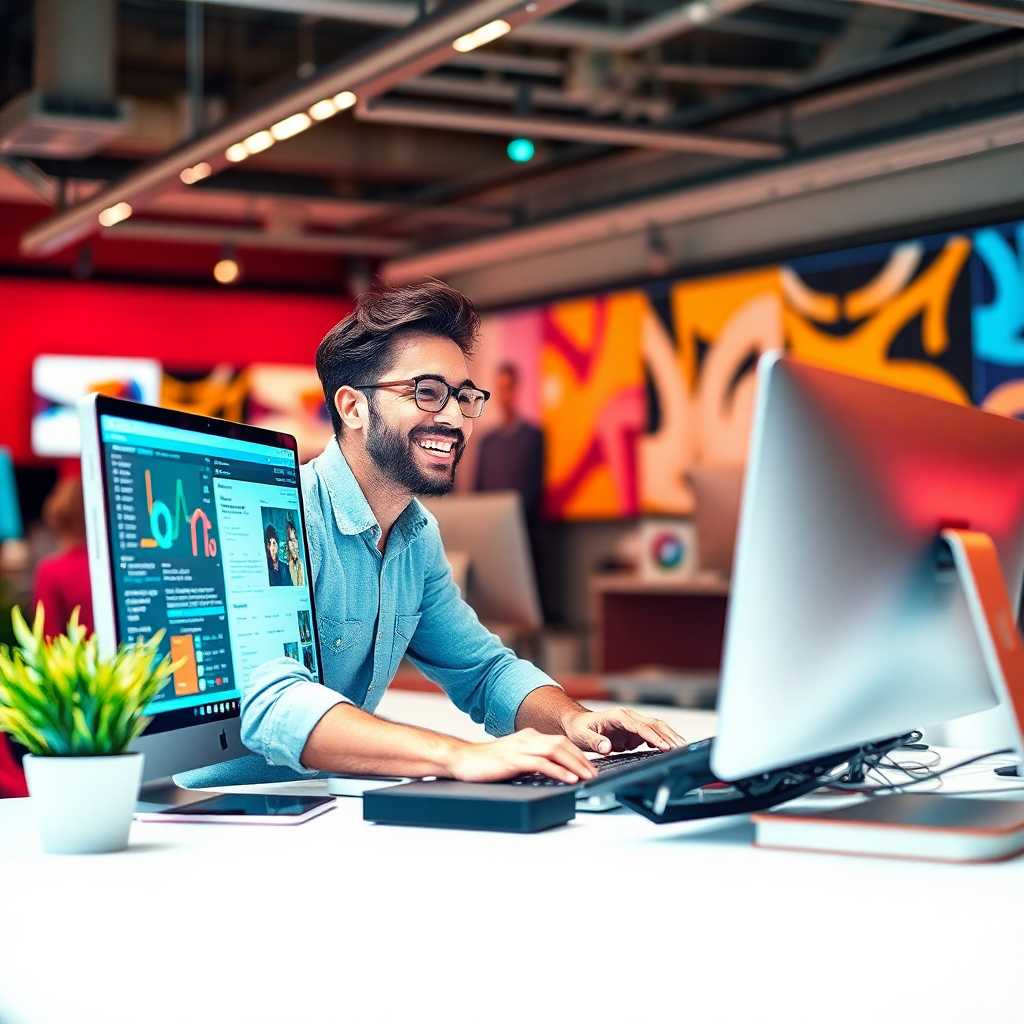 A designer happily working at a digitized workstation.