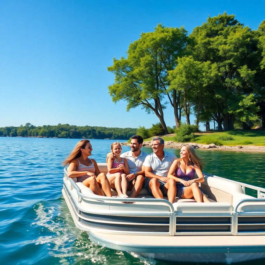 A picturesque scene of a family laughing on a pontoon boat under a sunny blue sky, surrounded by calm water and green trees lining the shore.