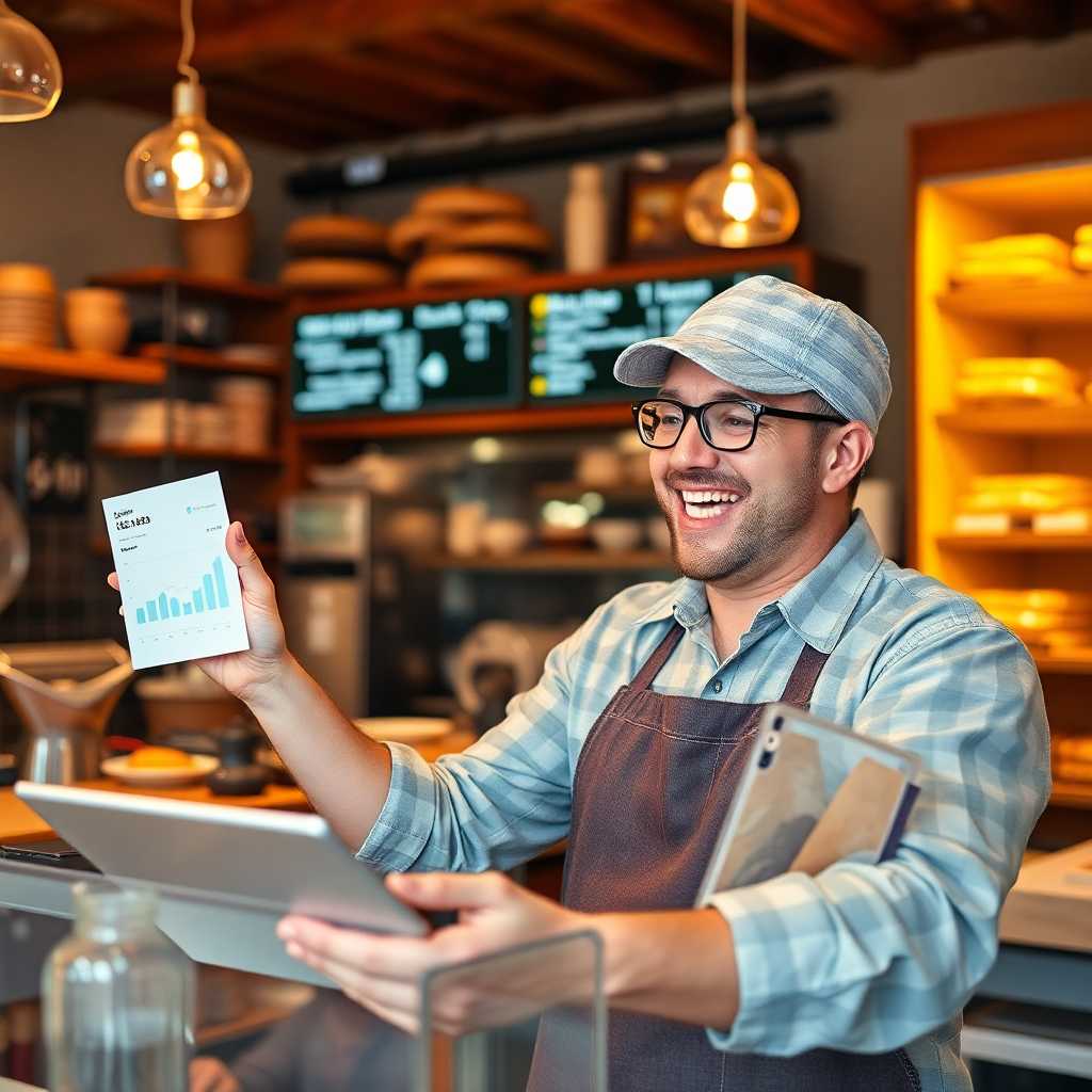 Bakery owner excitedly reviewing platform data showing increased customer engagement