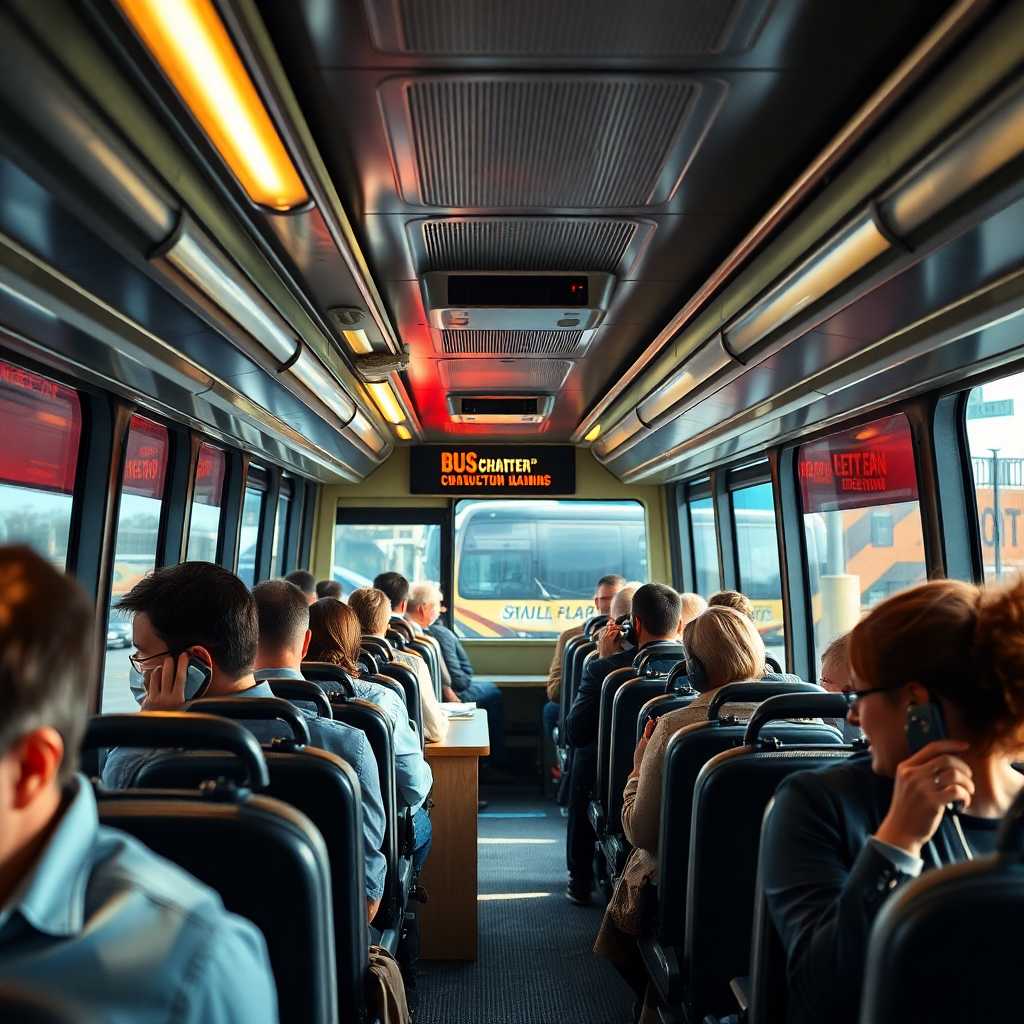 A bustling bus charter office with ringing phones and busy staff.