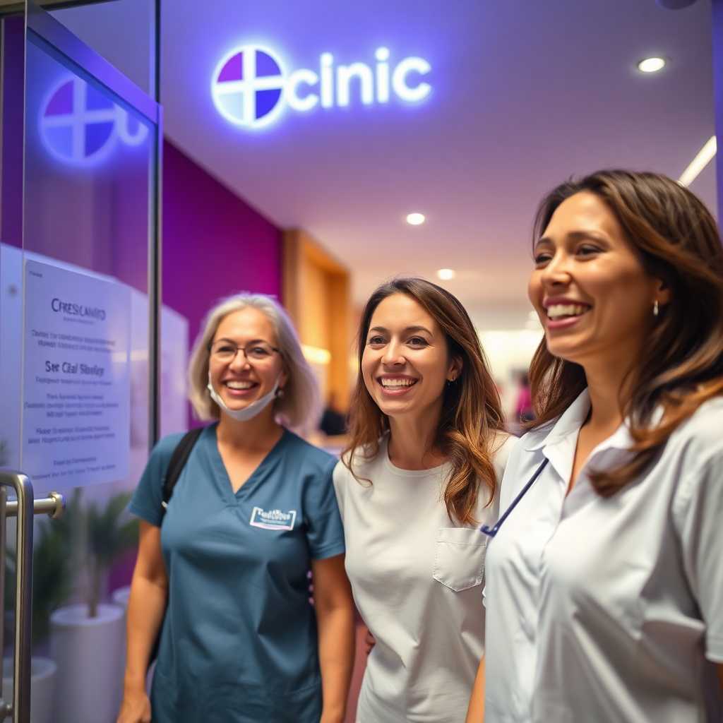 Happy clients leaving a clinic with smiles.