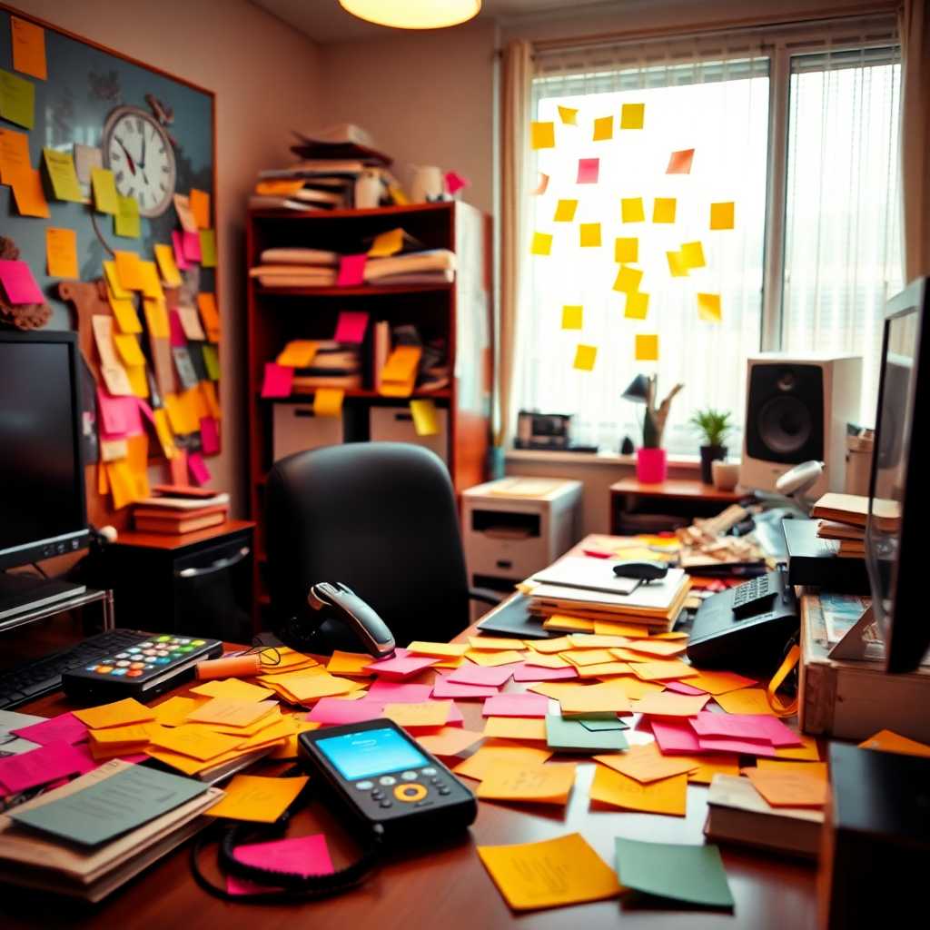 A cluttered home office flooded with sticky notes and a ringing cellphone.