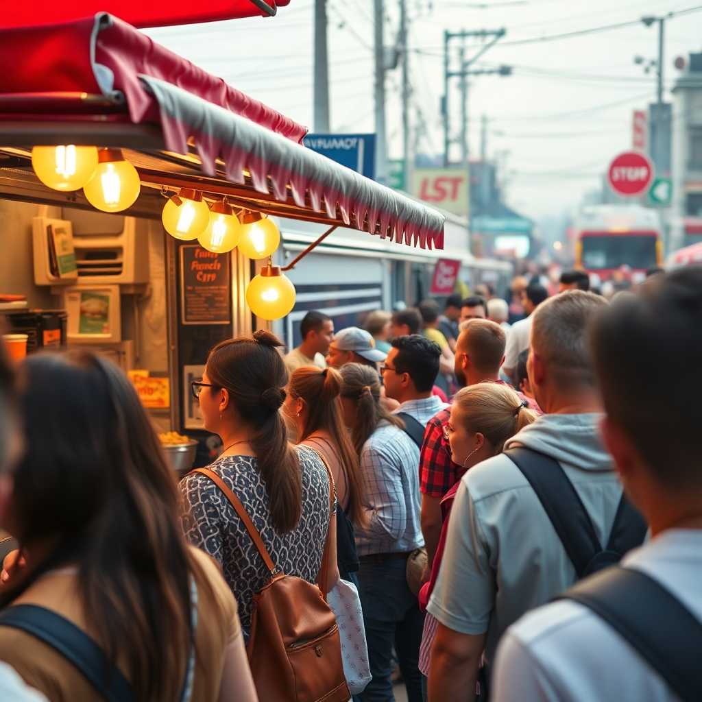 A crowded food truck scene, depicting the bustle of customer-initiated queries