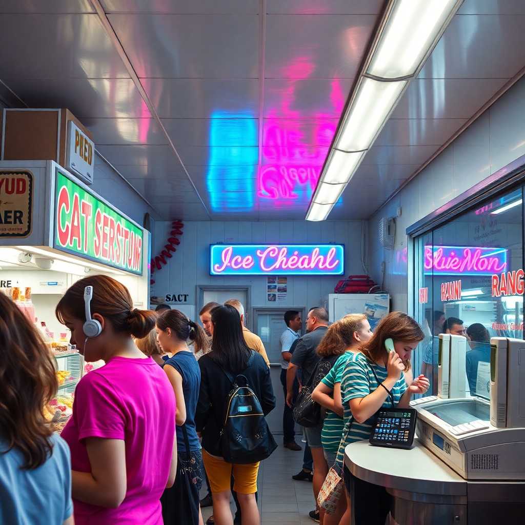 A busy ice cream shop with a line of customers and multiple phones ringing