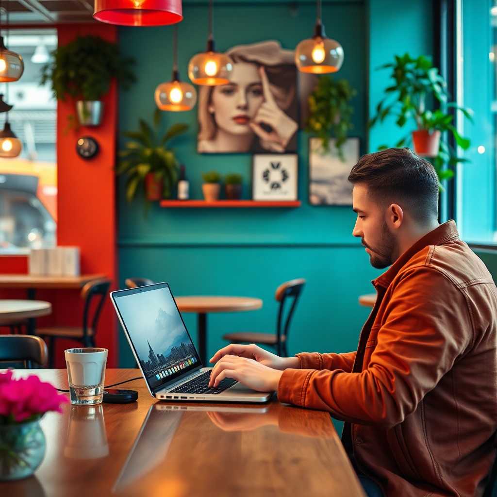 A photographer managing bookings on a laptop from a vibrant café.