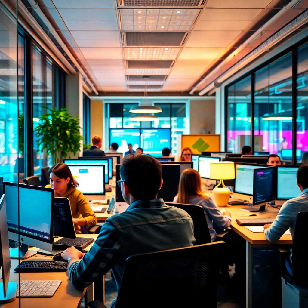 Busy software consulting office; Caption: A typical day at a thriving Custom Software Consulting Firm—streamline your inbox and thrive today.