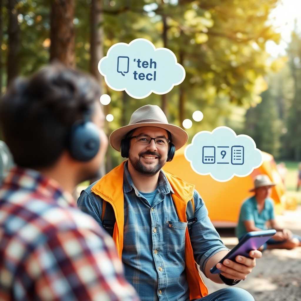 Campground manager with thought bubbles representing synchronized tech tools.
