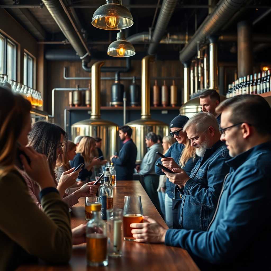 Distillery interior with customers animatedly texting and calling.
