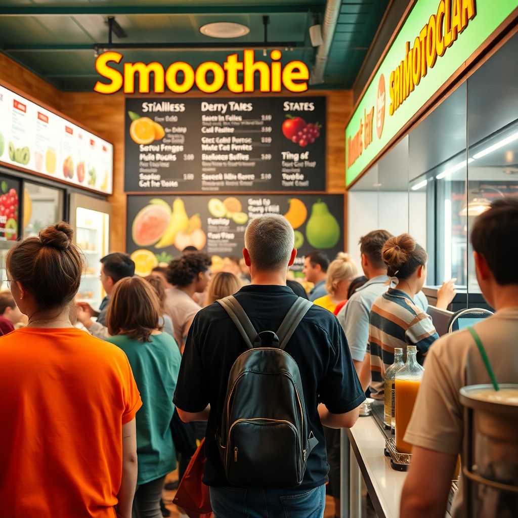 Scenario of a busy smoothie bar with a crowd of customers looking at the menu.