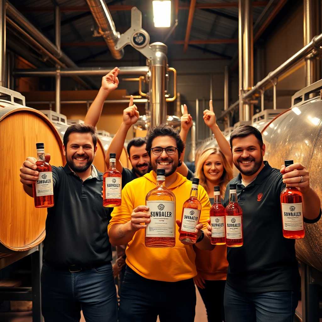A happy distillery team holding spirit bottles, celebrating success