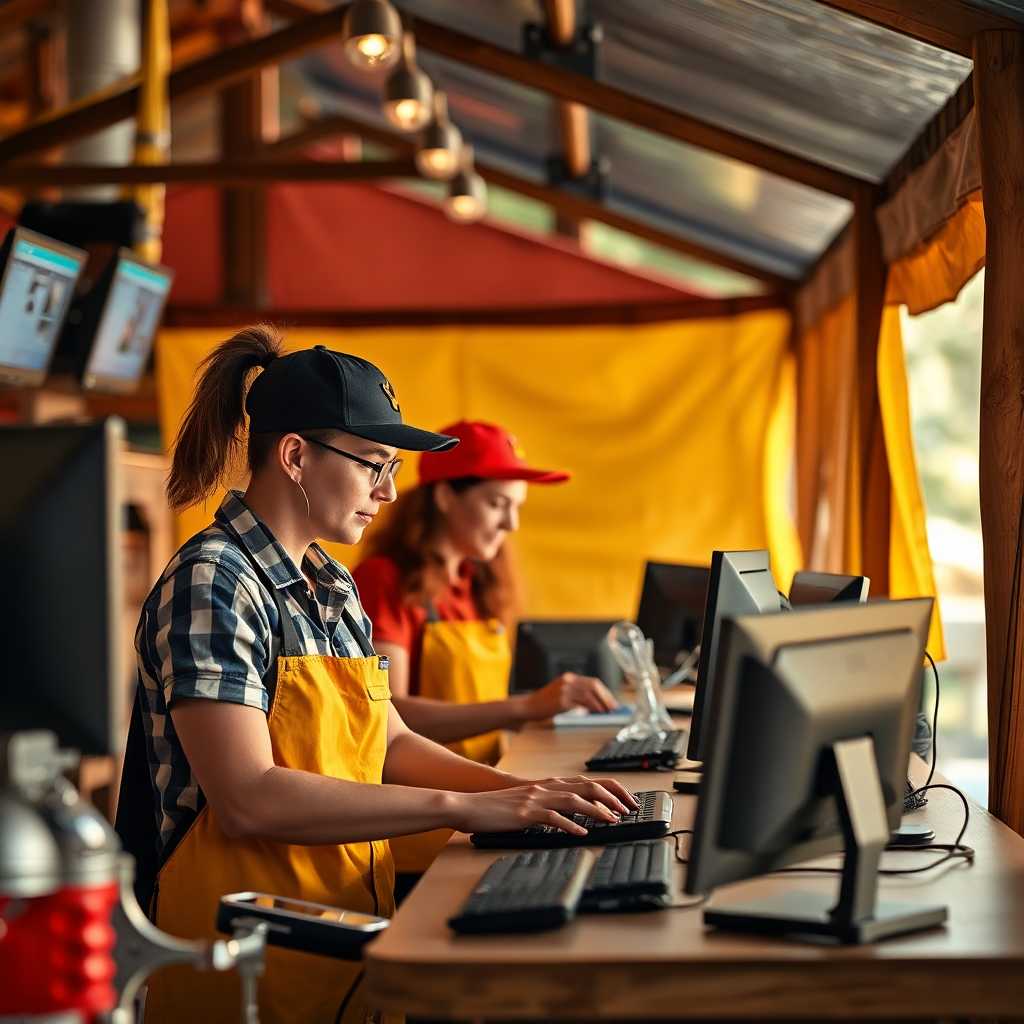Campground staff efficiently handling multiple customer inquiries on screens