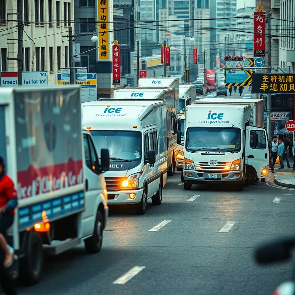 Busy street with ice delivery trucks maneuvering