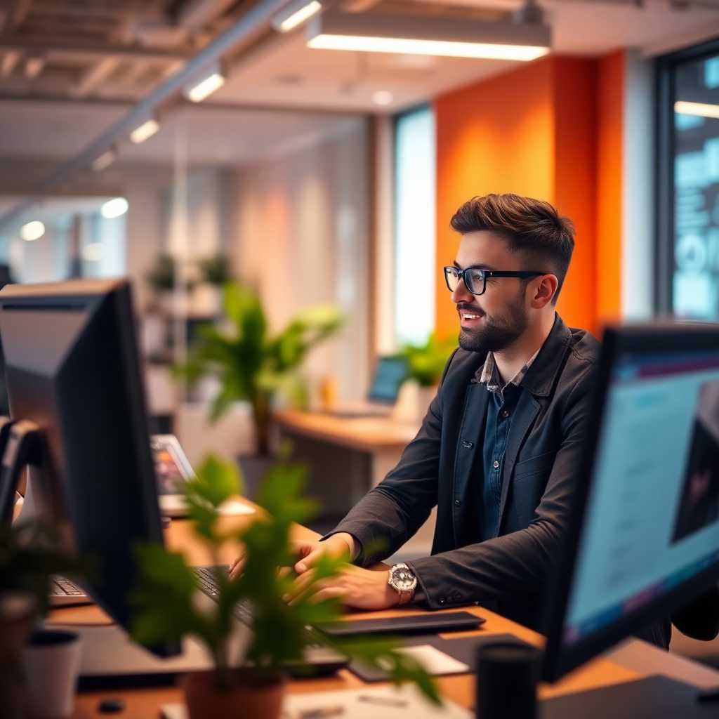 Engaged employee managing client SMS effectively through desktop portal.