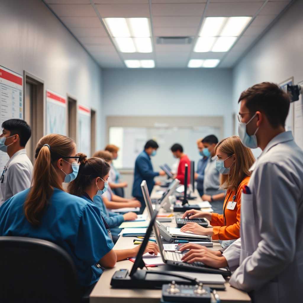 Busy clinic with staff handling multiple scheduling requests