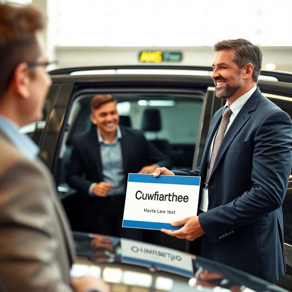 A happy customer at an airport being greeted by a chauffeur holding a sign with the customer’s name