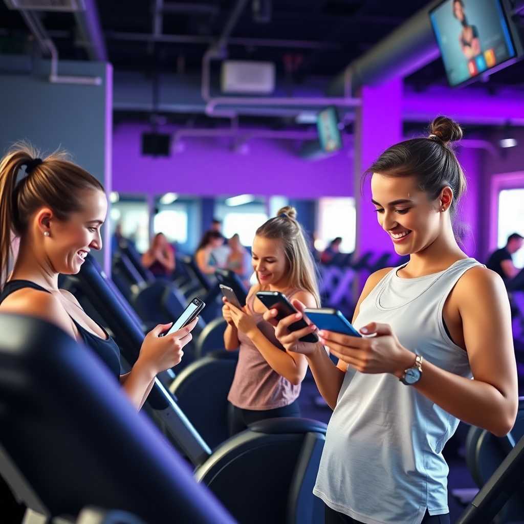 Clients happily texting as they work out.