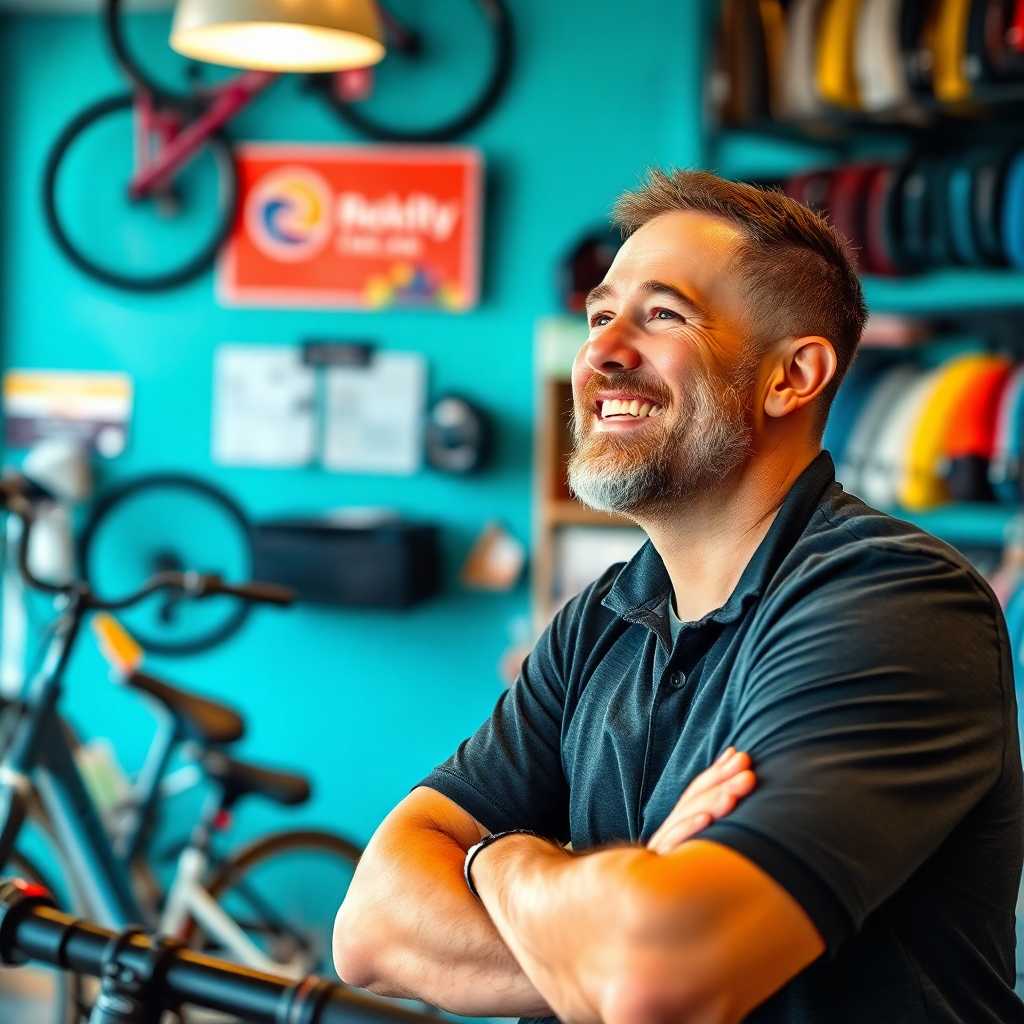 Happy bike shop owner witnessing increased business efficiency with TextSupport Sales PRO.