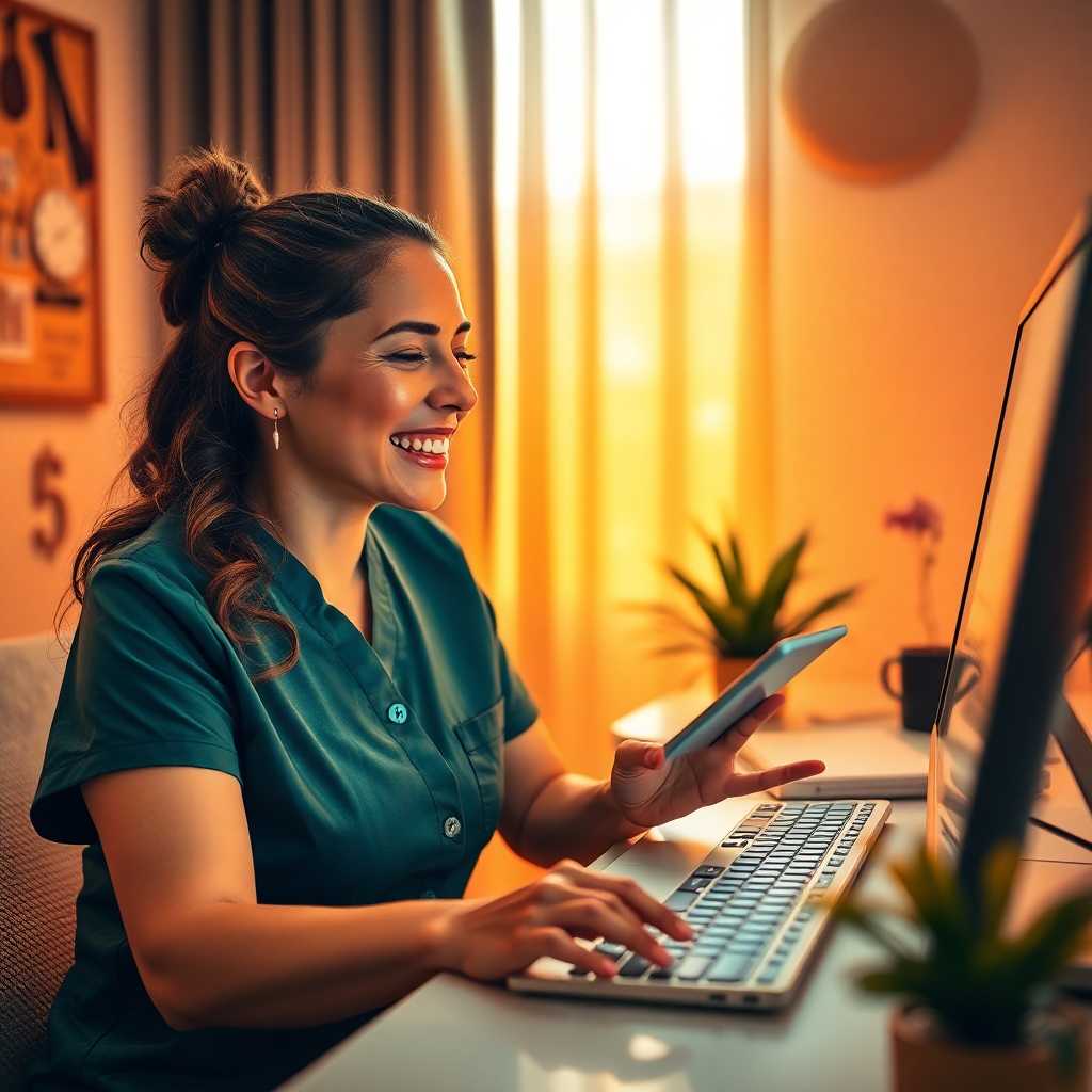 A delighted massage therapist checking messages on her desktop, realizing the increased bookings and improved client feedback.