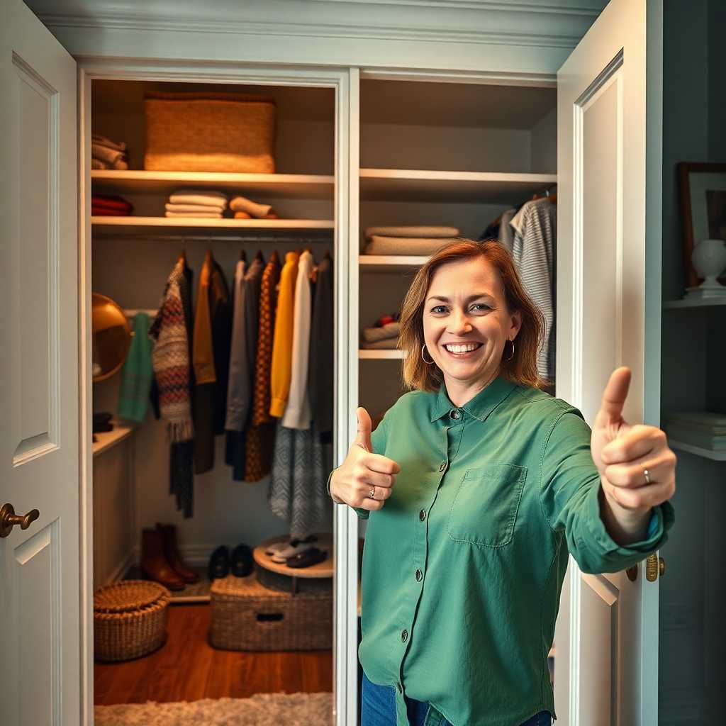 A happy client giving a thumbs up next to a newly designed closet, showcasing a before-and-after transformation.