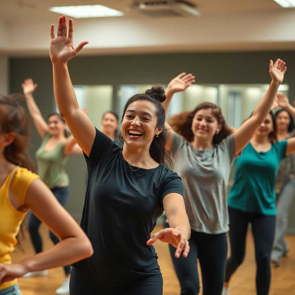 Happy dance students in a class with seamless booking