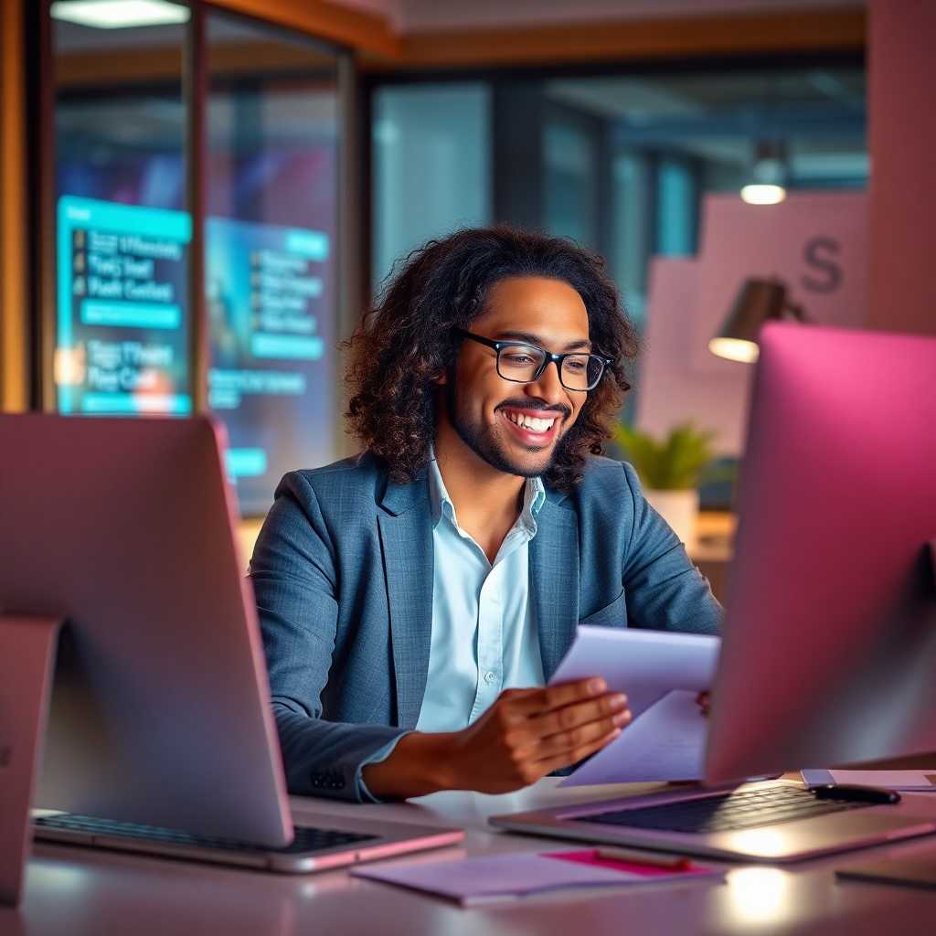 Satisfied business owner reviewing messages on a computer.