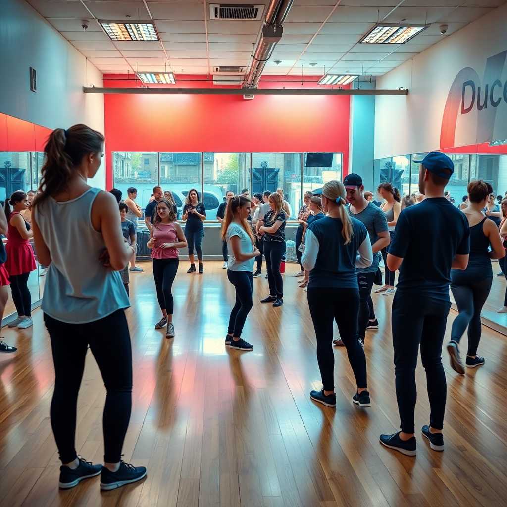 Bustling dance studio with instructors handling numerous inquiries