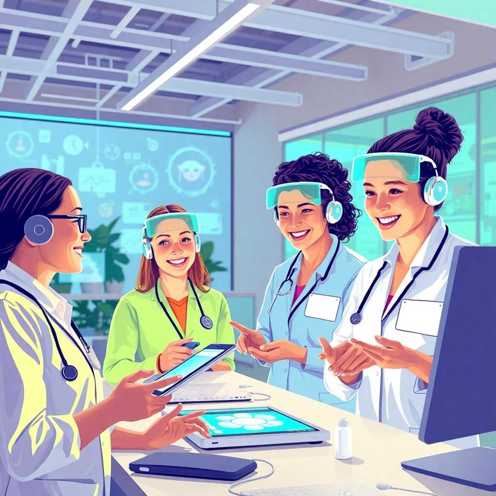 Illustration of wellness center staff happily engaging with their tech tools