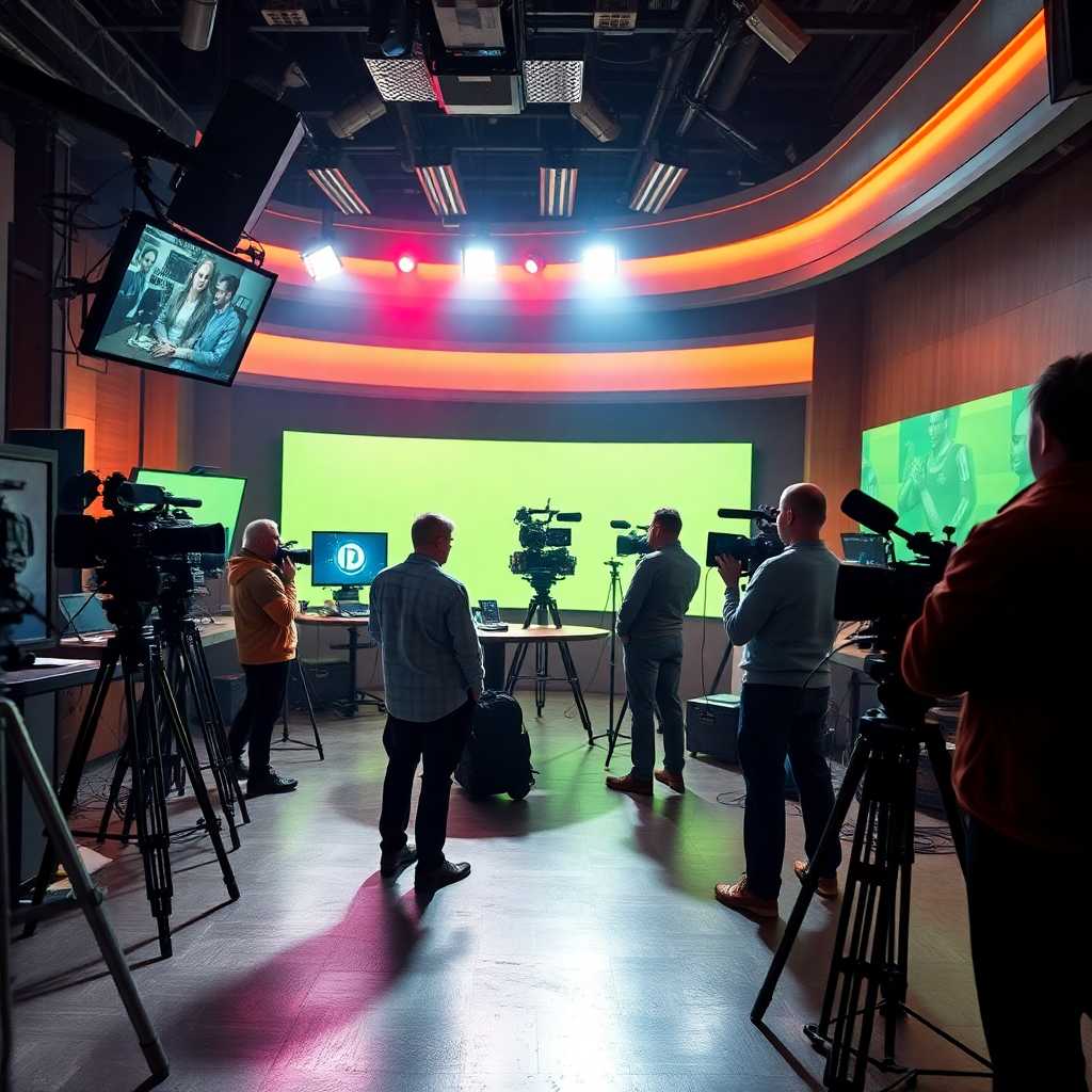 A studio with buzzing communication channels, actors preparing and cameras rolling.