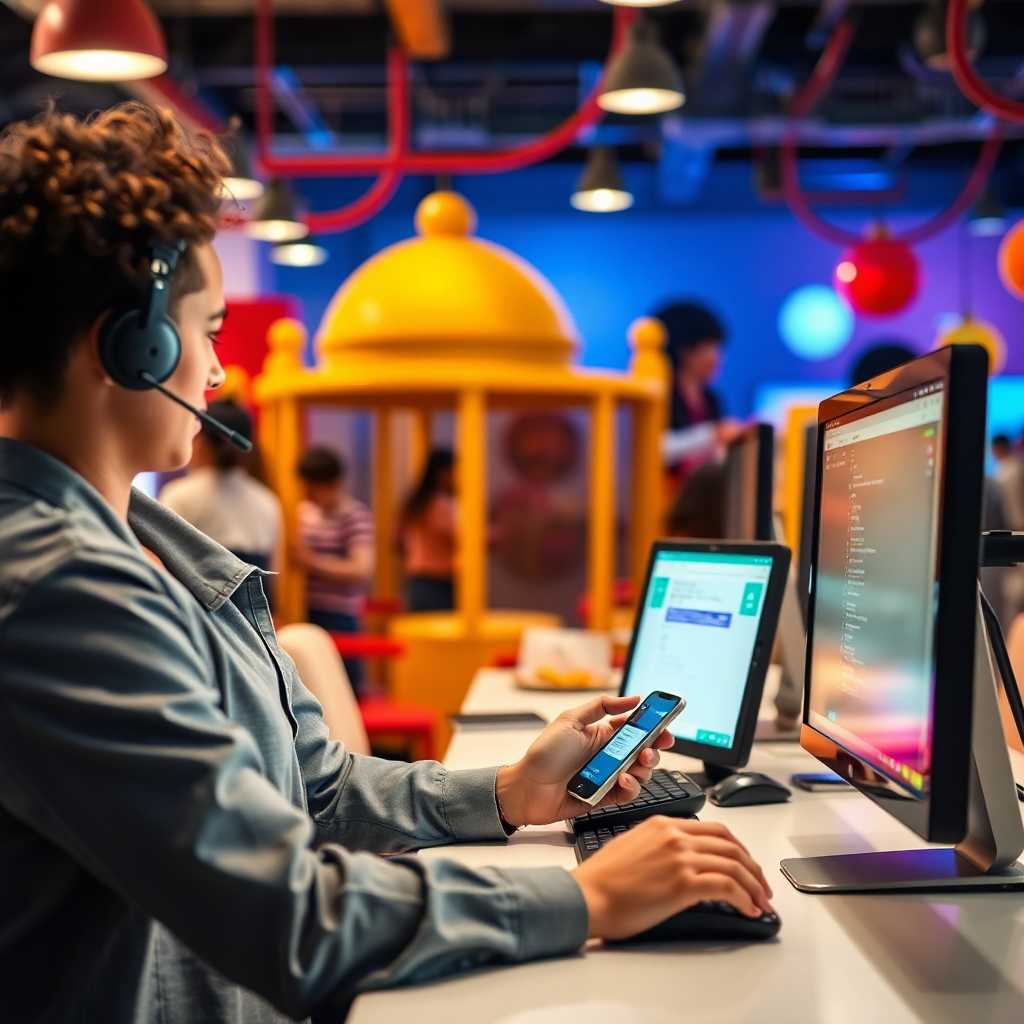 Employee viewing SMS inquiries on a desktop in a lively play area