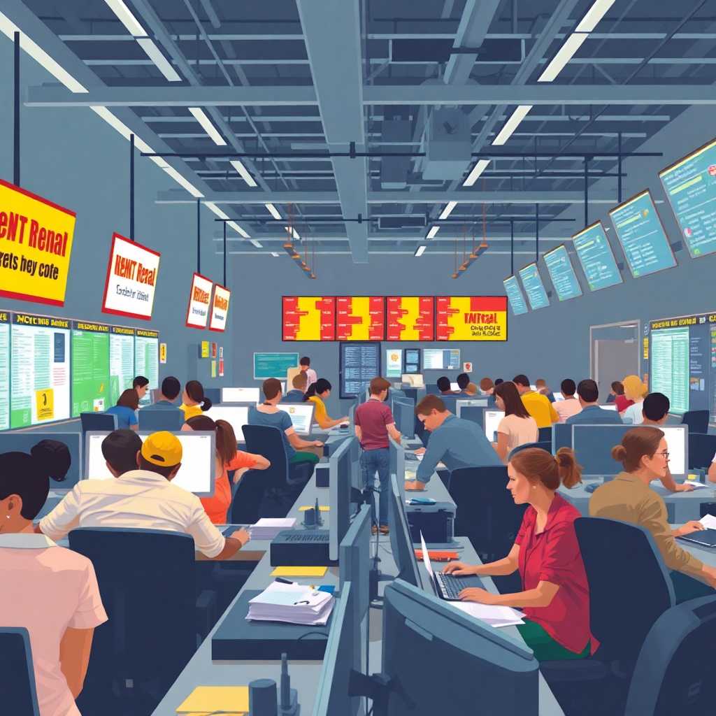 Illustration of busy event rental dispatch center