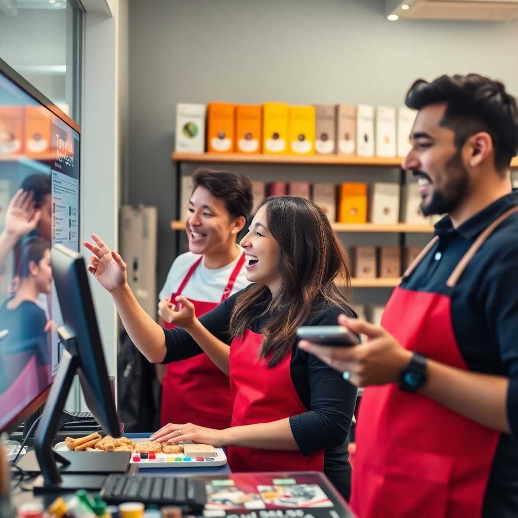 Excited shopkeepers engaging with TextSupport dashboard; monitoring live customer interactions