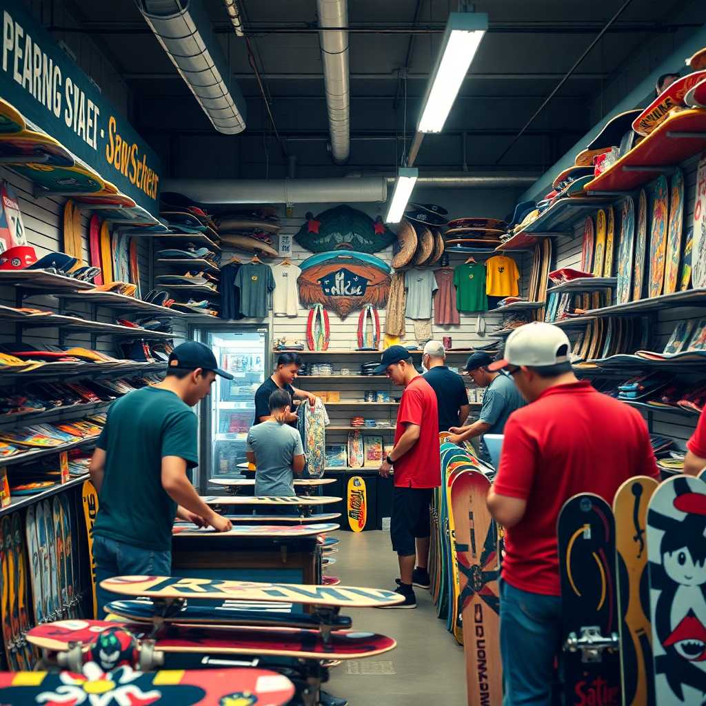 A bustling skateboard shop with employees assisting multiple customers at once