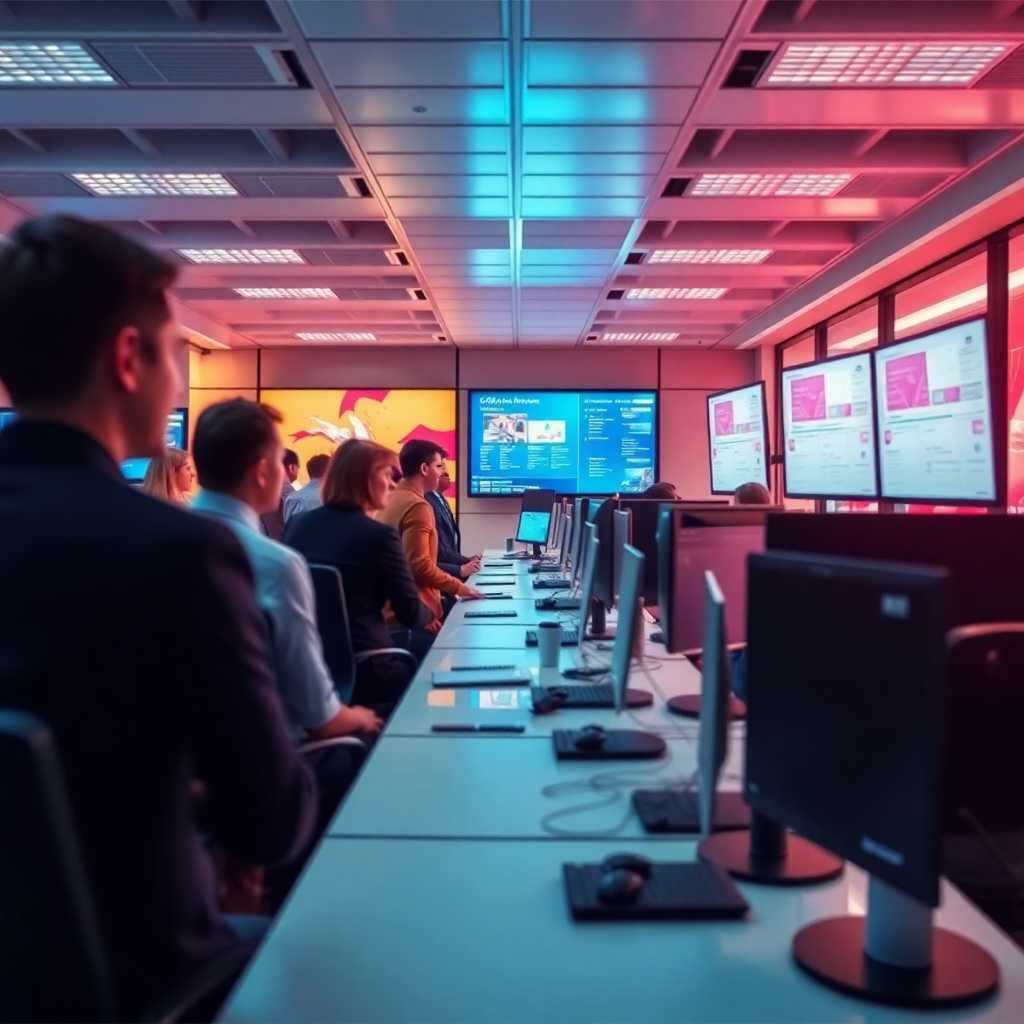 Busy Office With Screens Showing CRM Integration