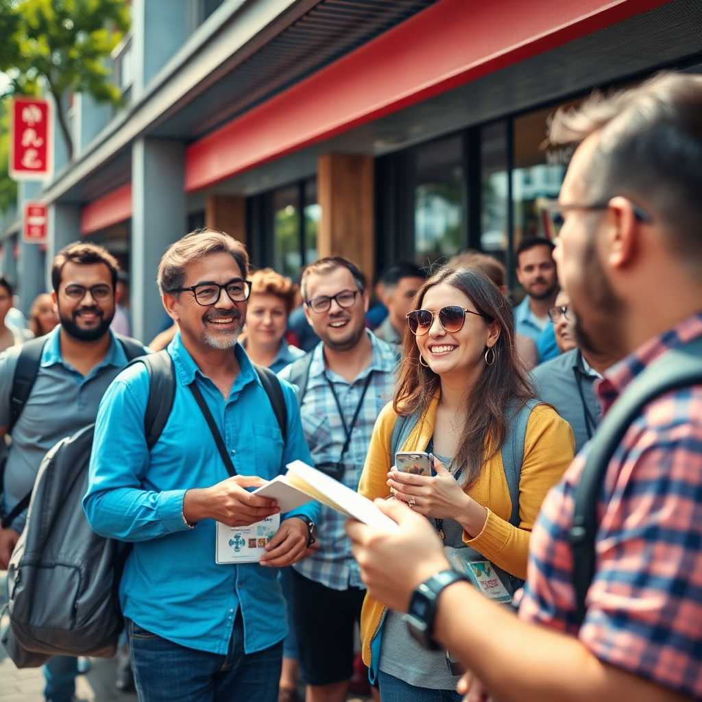 Enthusiastic tourists receiving tips from a staff member