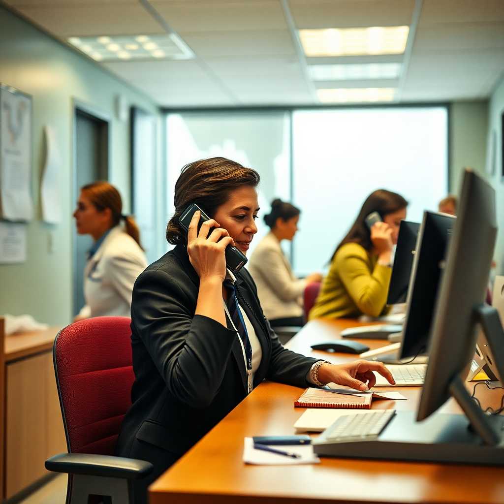 Busy clinic receptionist fielding phone calls