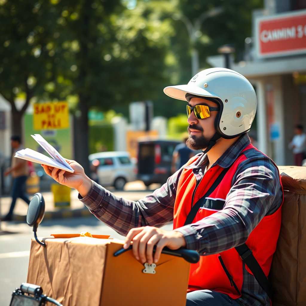 A busy delivery driver juggling requests in the heat. Caption: Swiftly tackle customer demands with TextSupport Sales PRO—engage like never before!