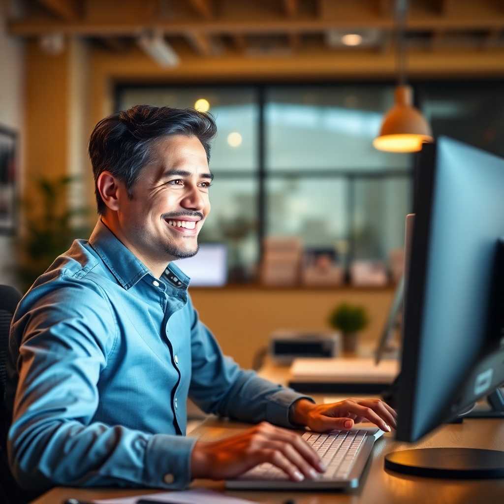 A business owner smiling at a desk while viewing incoming messages on a monitor