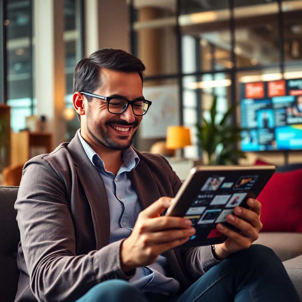 Satisfied client browsing organized assets on a tablet