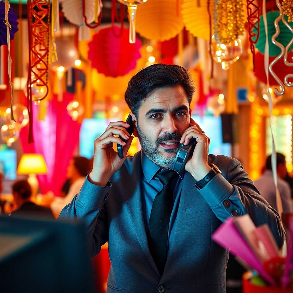 A venue manager taking calls amid decorations, looking busy and a bit stressed