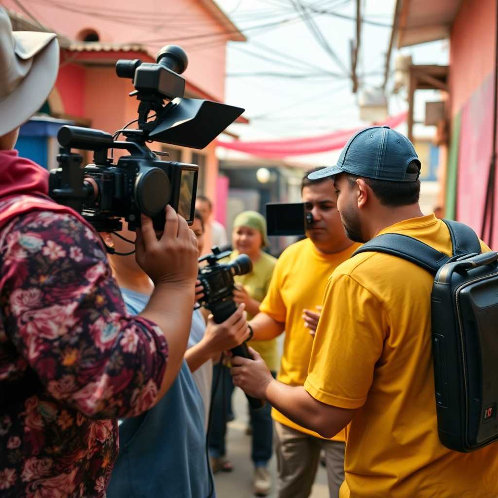 A vibrant local video shoot capturing intense collaboration among crew members.