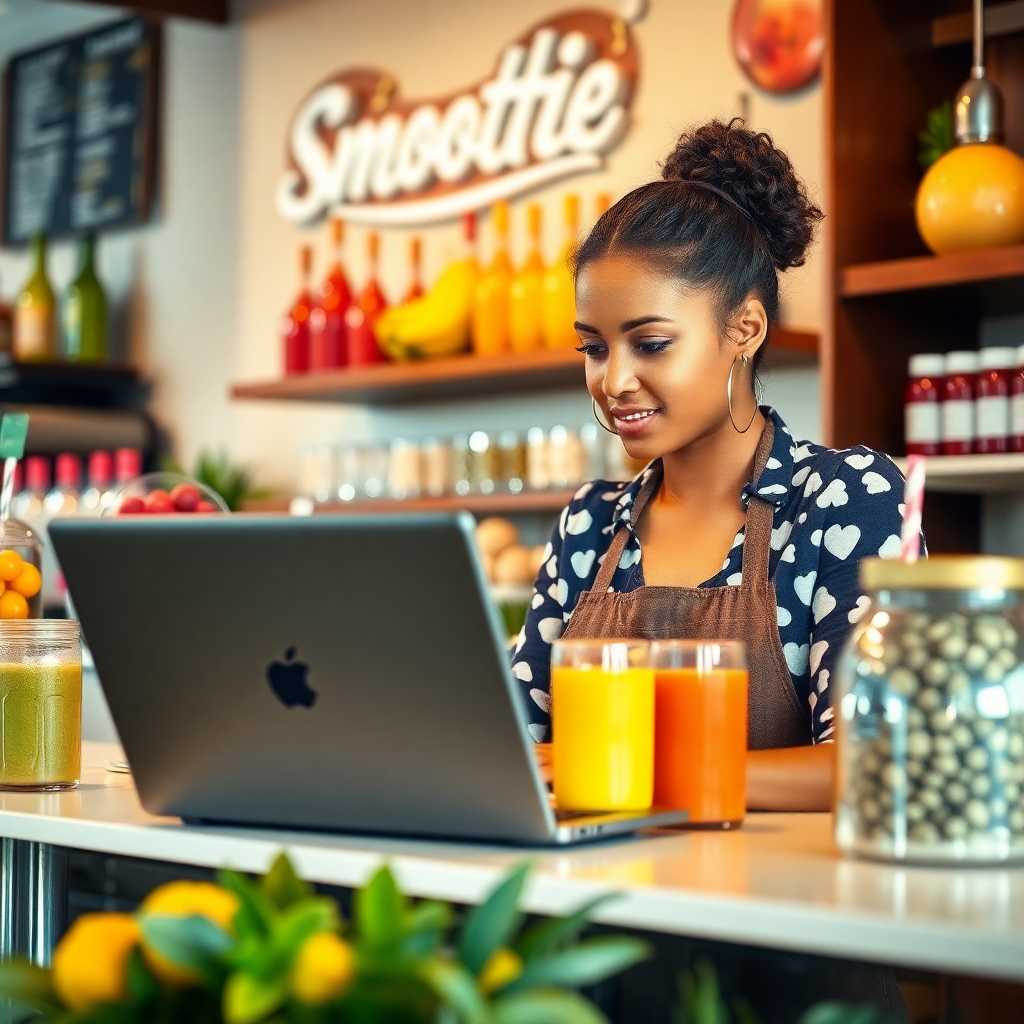 Smoothie Bar Owner checking customer inquiries on a laptop