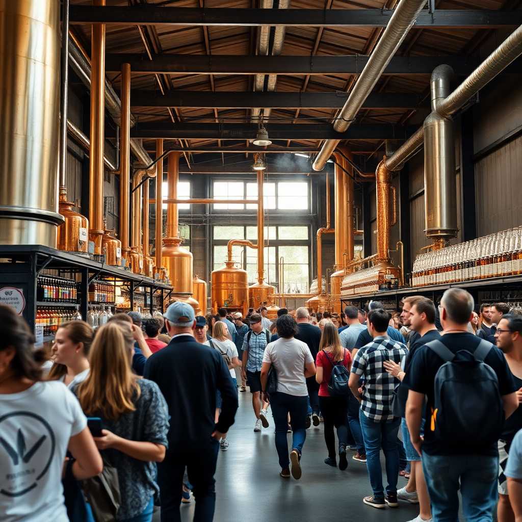 A thriving distillery scene showcasing bustling visitors