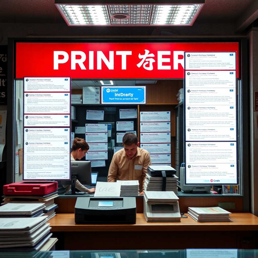 A busy printing service front desk with a flurry of texts coming in