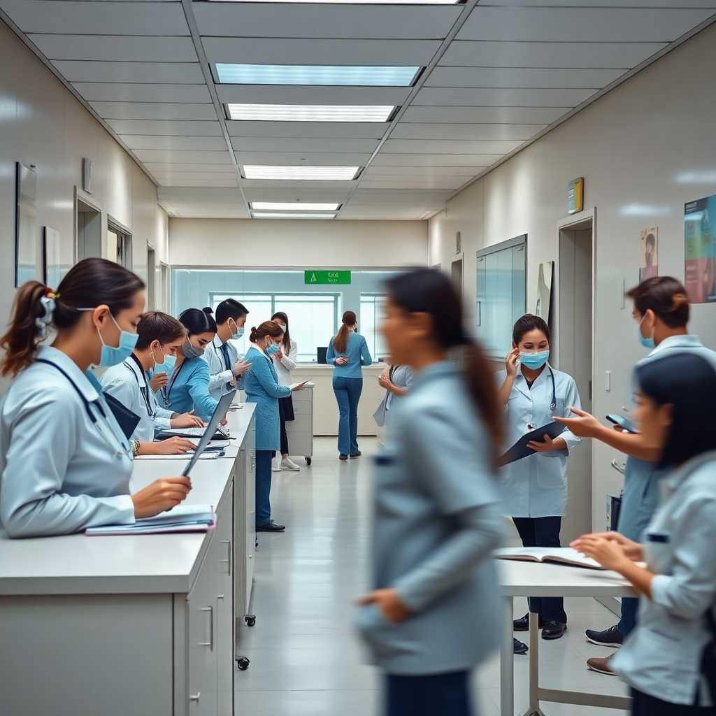 A busy clinic reception area with staff multitasking